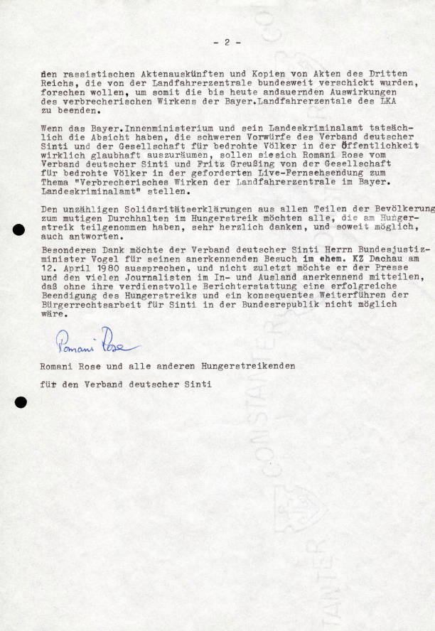 Press release on the termination of the hunger strike in the former concentration camp Dachau 2 (© Zentralrat Deutscher Sinti und Roma)