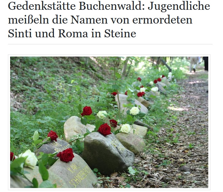 Terne Roma hramosarde ko bar e mudarde Sinturenge thaj Romengere anava (© Katharina Brand, Buchenwald Memorial).